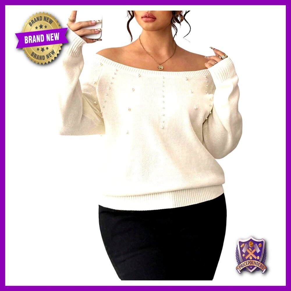 Plus Size Off Shoulder Sweater with Pearls Long Sleeve Knit Pullover